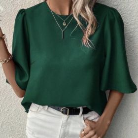 Women's Solid Color Round Neck Loose And Comfortable Shirt Top (Option: Green-S)