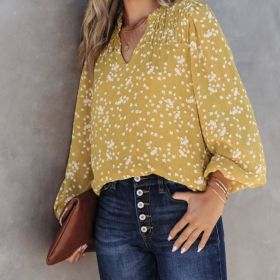 Women's New V-neck Printed Pleated Detail Fashionable, Fresh And Versatile Commuting Vacation Fashionable Shirt Top (Option: Yellow-S)