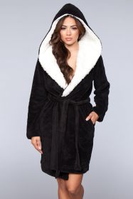 1817 Janet Plush Fleece Color Block Robe (Color: Black, size: L/XL)