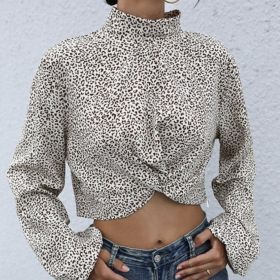 Women's Round Neck Twisted Loose Short Printed Long Sleeved Shirt (Option: Khaki-S)