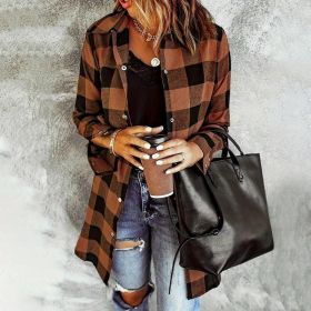 Women's Long Sleeve Plaid Print Button Front Casual Shirt For Spring & Fall (Option: Dark brown-S)
