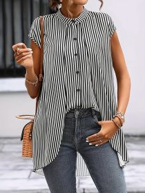 Black And White Striped Fake Two-piece Short-sleeved Shirt, Round-neck Front-buttoned Shirt (Option: Hei-S)